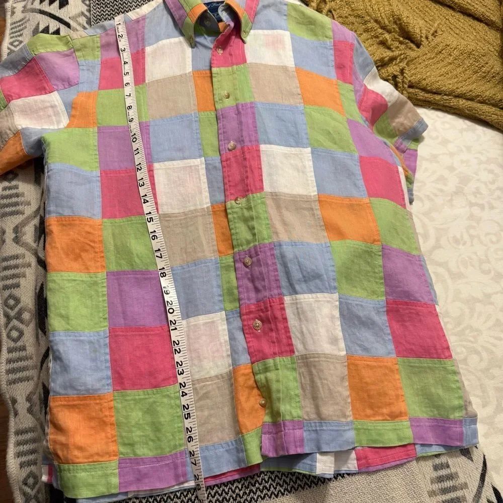 Paul Fredrick 100% Linen Bright Pastel Patchwork Button Down Shirt - Picture 8 of 8
